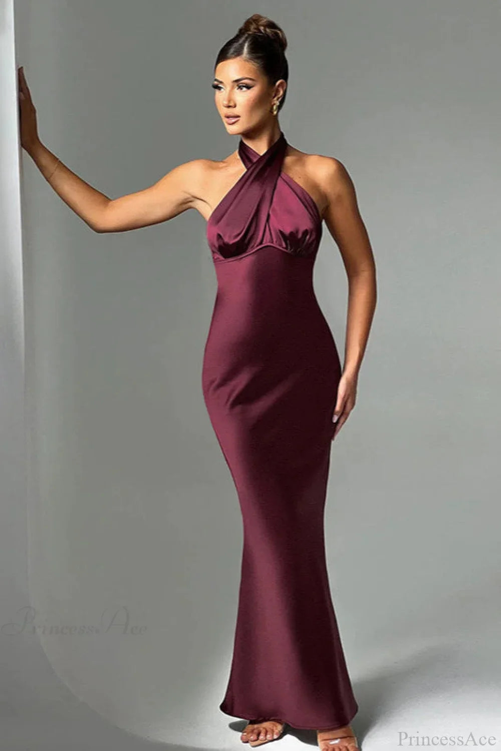 Satin Halter High Waist Fitted Party Dress Red / S