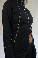 Sexy Solid Button Slim Round Neck Long Sleeve Blouse Black / S