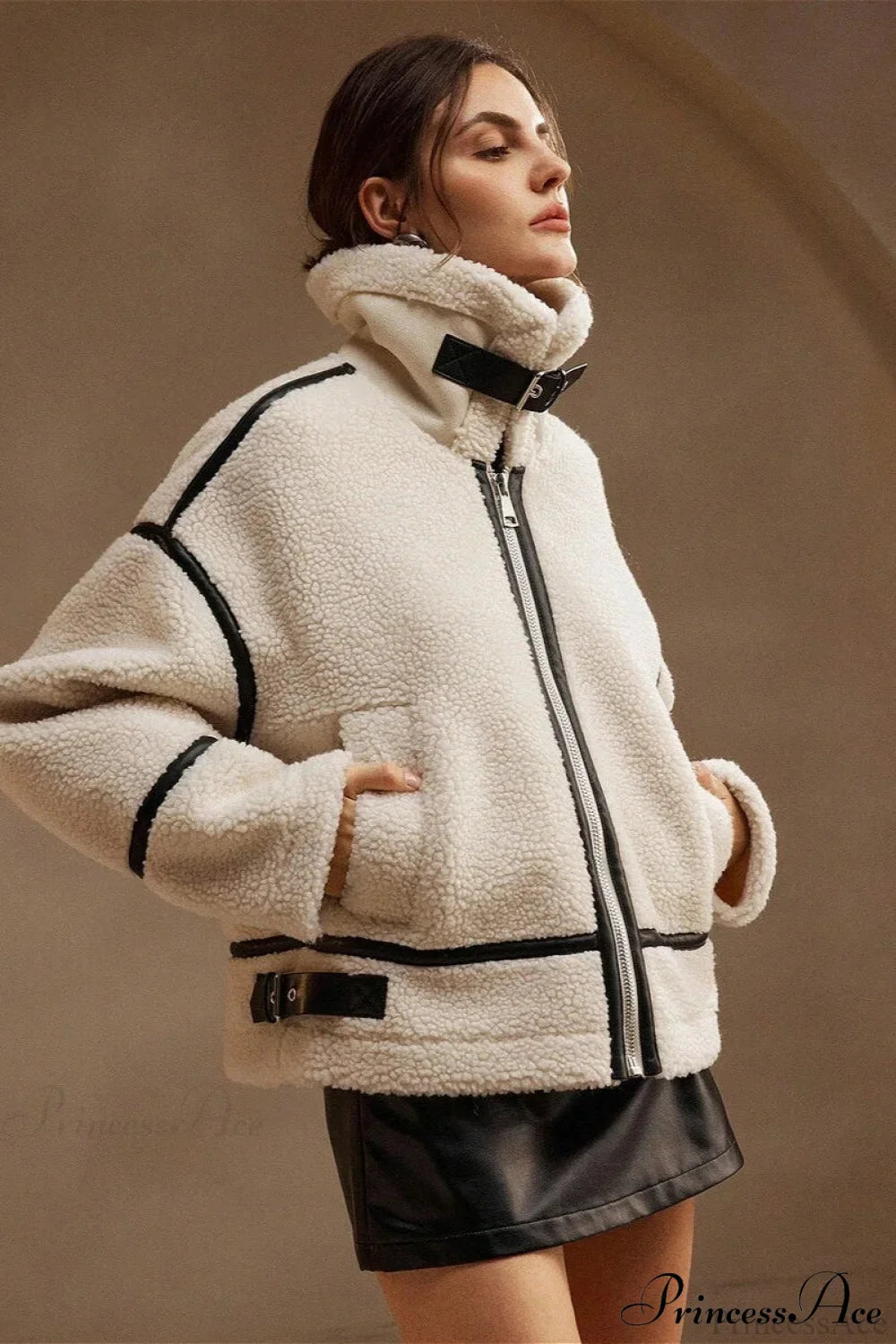 Shearling Biker Thick Fleece Coat Off-White / S