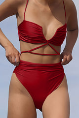 Shimmer Luxe Effect High Waist Ruched Bralette Bikini Two Piece Swimsuit
