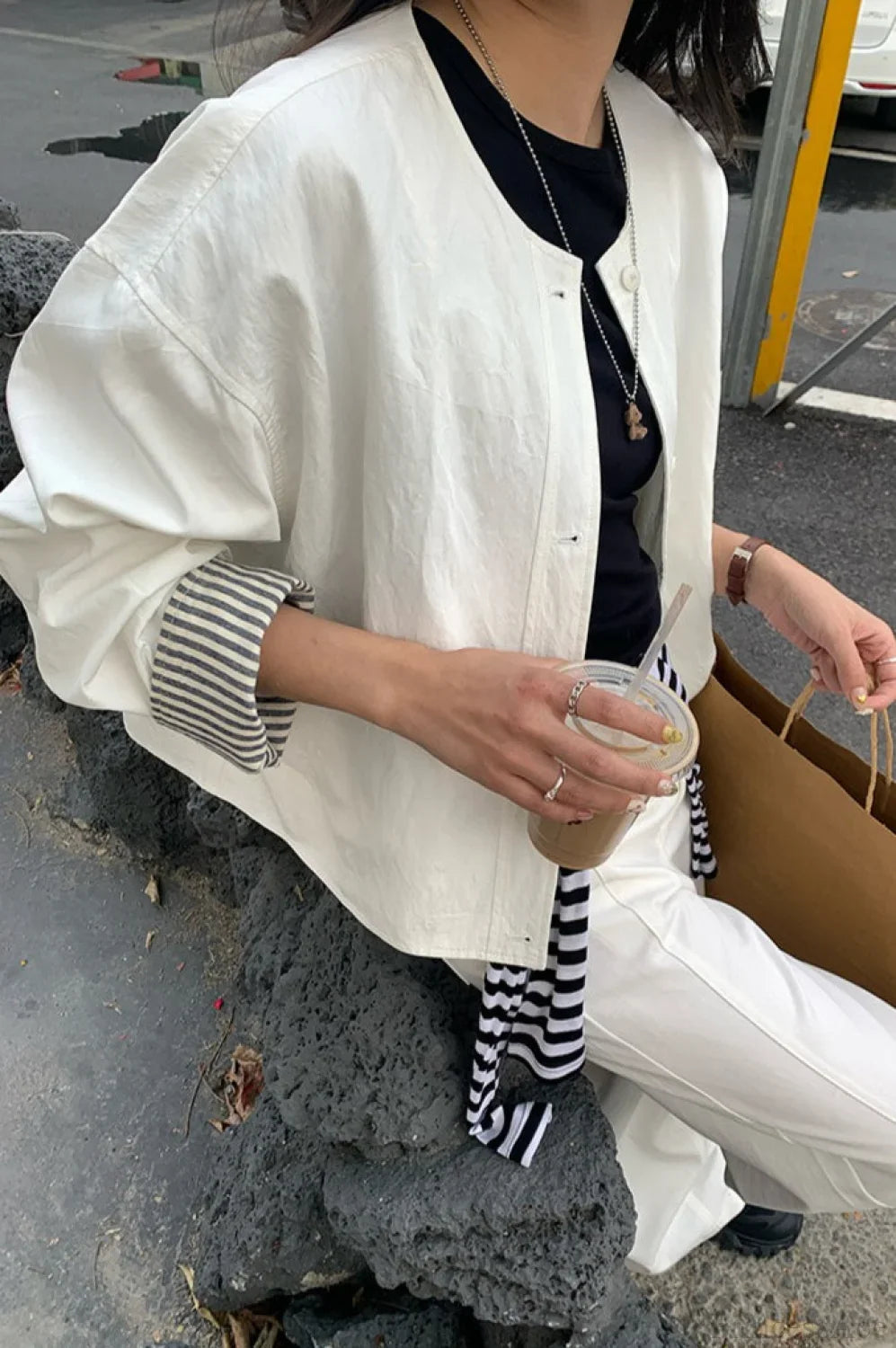 Simple Striped Sleeve Patchwork Casual Jacket
