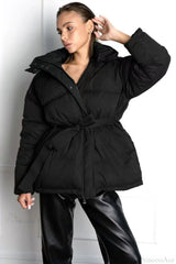 Solid Color Hooded Zippered Thickened Quilted Coat Black / S
