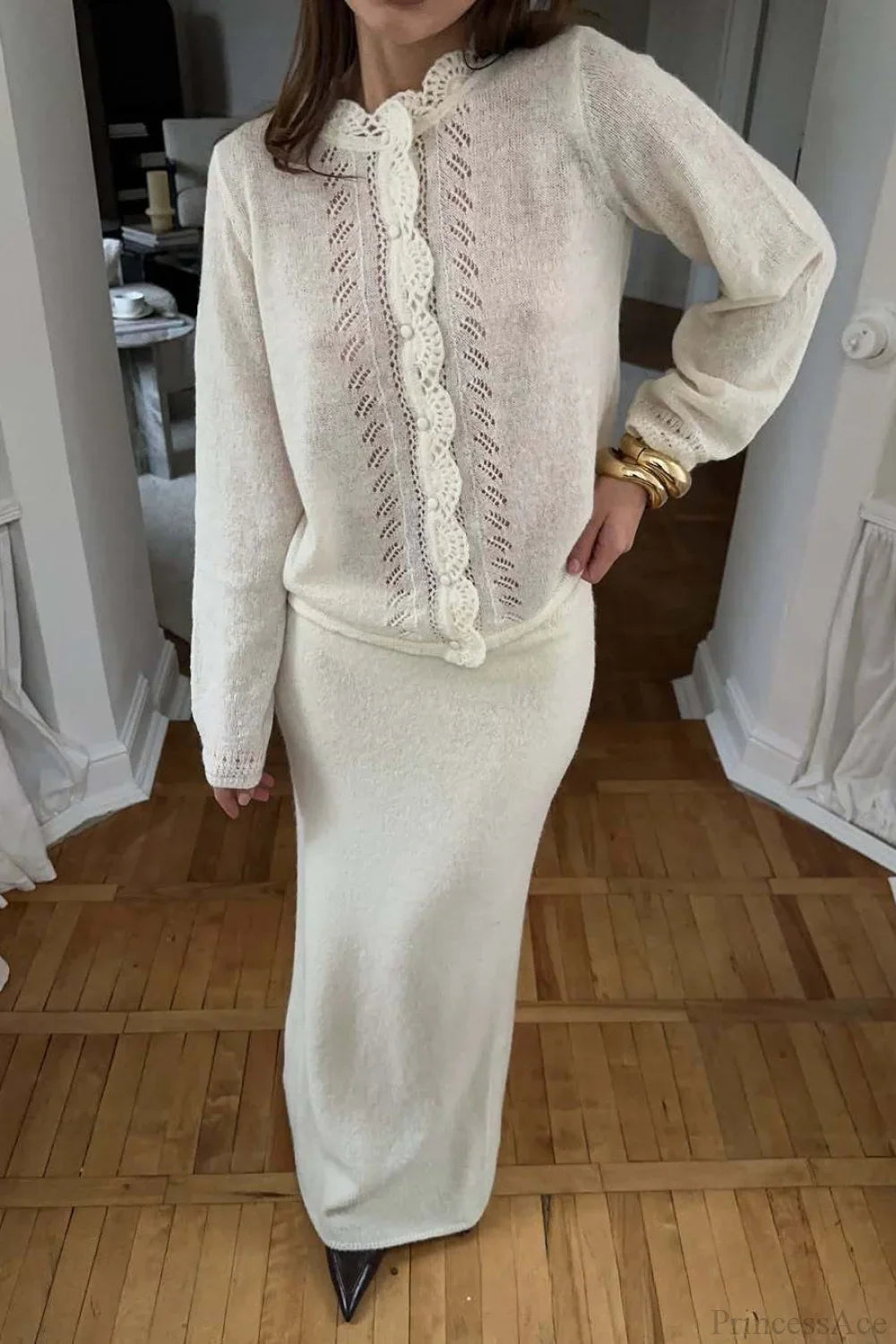 Solid Lace Cutout Knit Crew Neck Cardigan