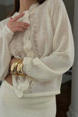 Solid Lace Cutout Knit Crew Neck Cardigan