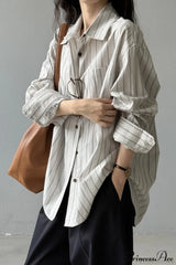 Vertical Stripe Long-Sleeve Cotton Loose Blouse