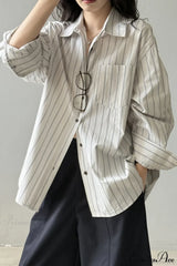 Vertical Stripe Long-Sleeve Cotton Loose Blouse