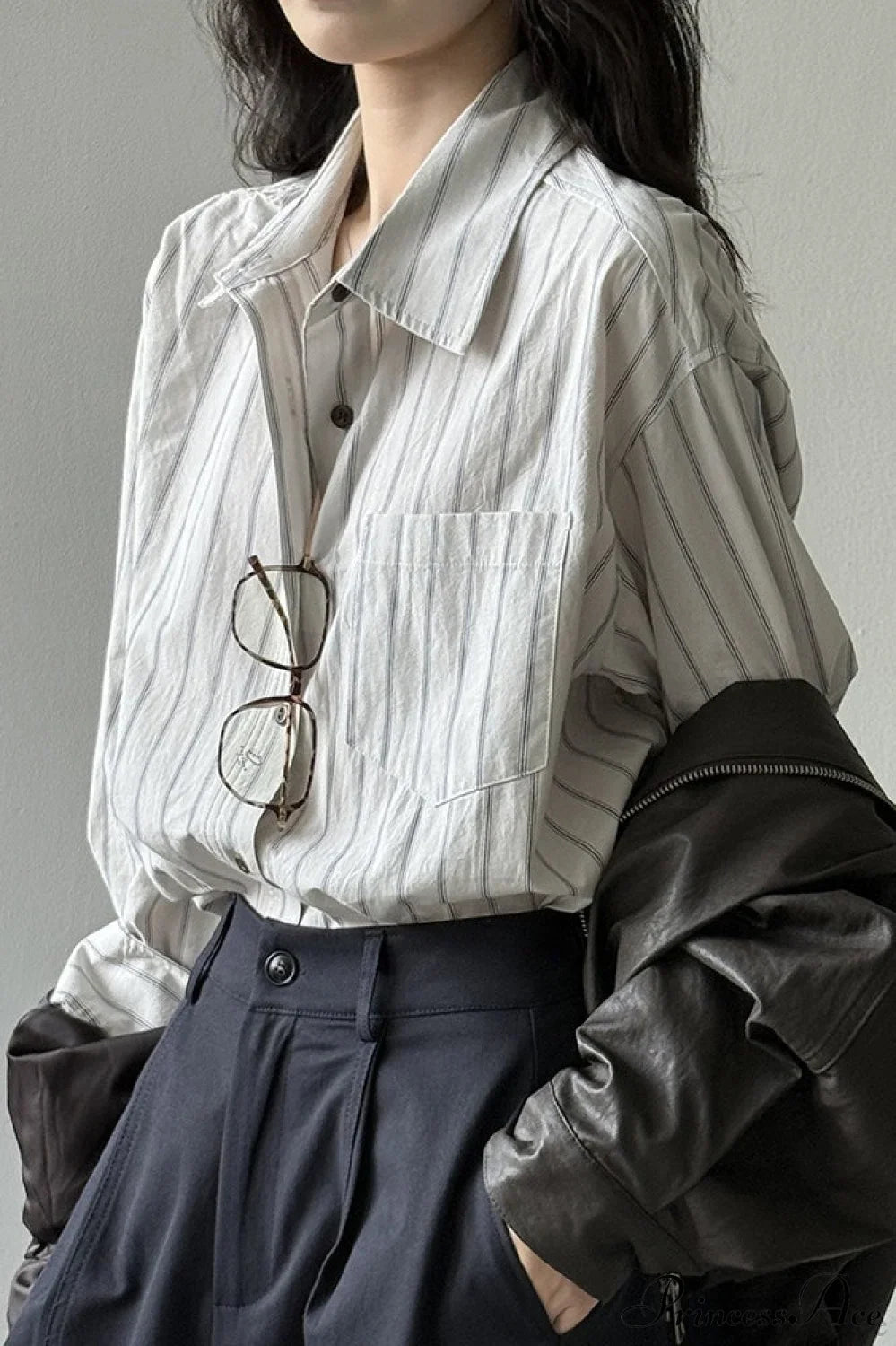 Vertical Stripe Long-Sleeve Cotton Loose Blouse