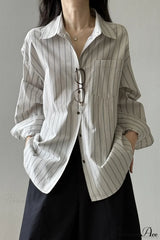 Vertical Stripe Long-Sleeve Cotton Loose Blouse White / M