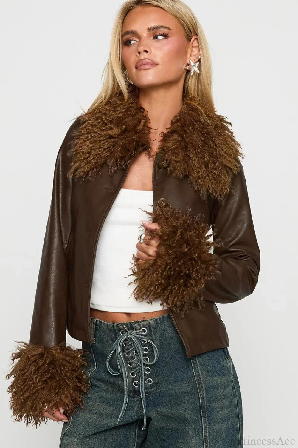 Vintage Fleece-Collar Leather Paneled Jacket