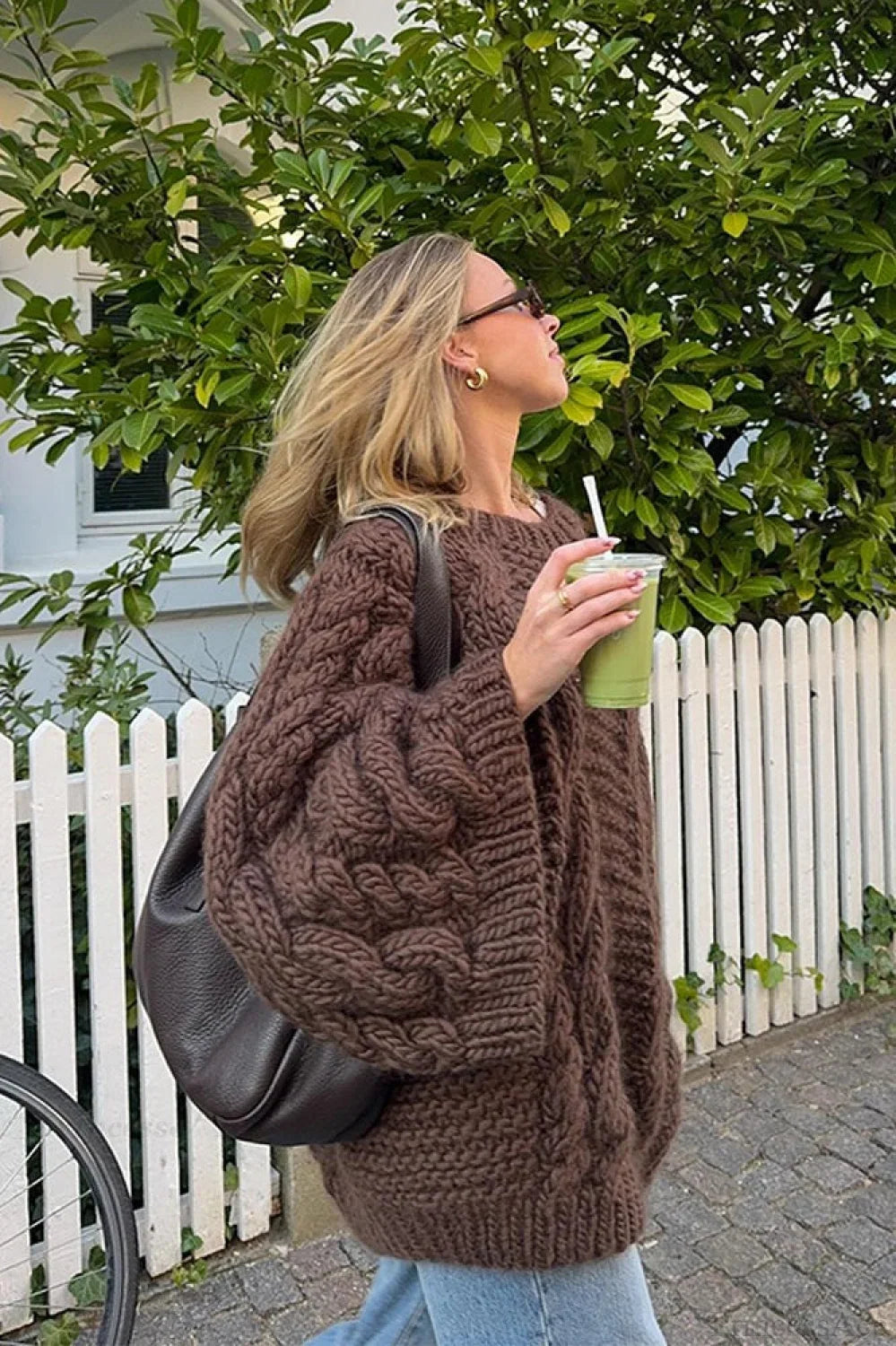 Vintage Loose Comfortable Crew Neck Wide Sleeve Cable Sweater