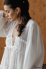 White Chiffon Ruffled Tie V Neck Blouse