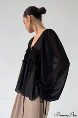 White Chiffon Ruffled Tie V Neck Blouse