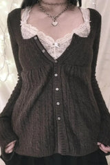 Y2K Sweet Square Neck Cable Knit Button Blouse Black / S