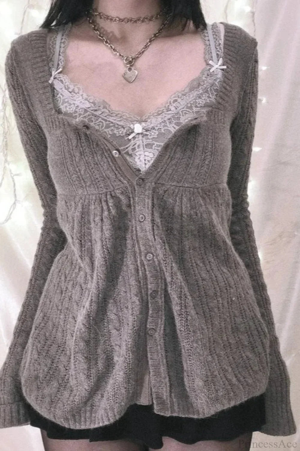 Y2K Sweet Square Neck Cable Knit Button Blouse Gray / S