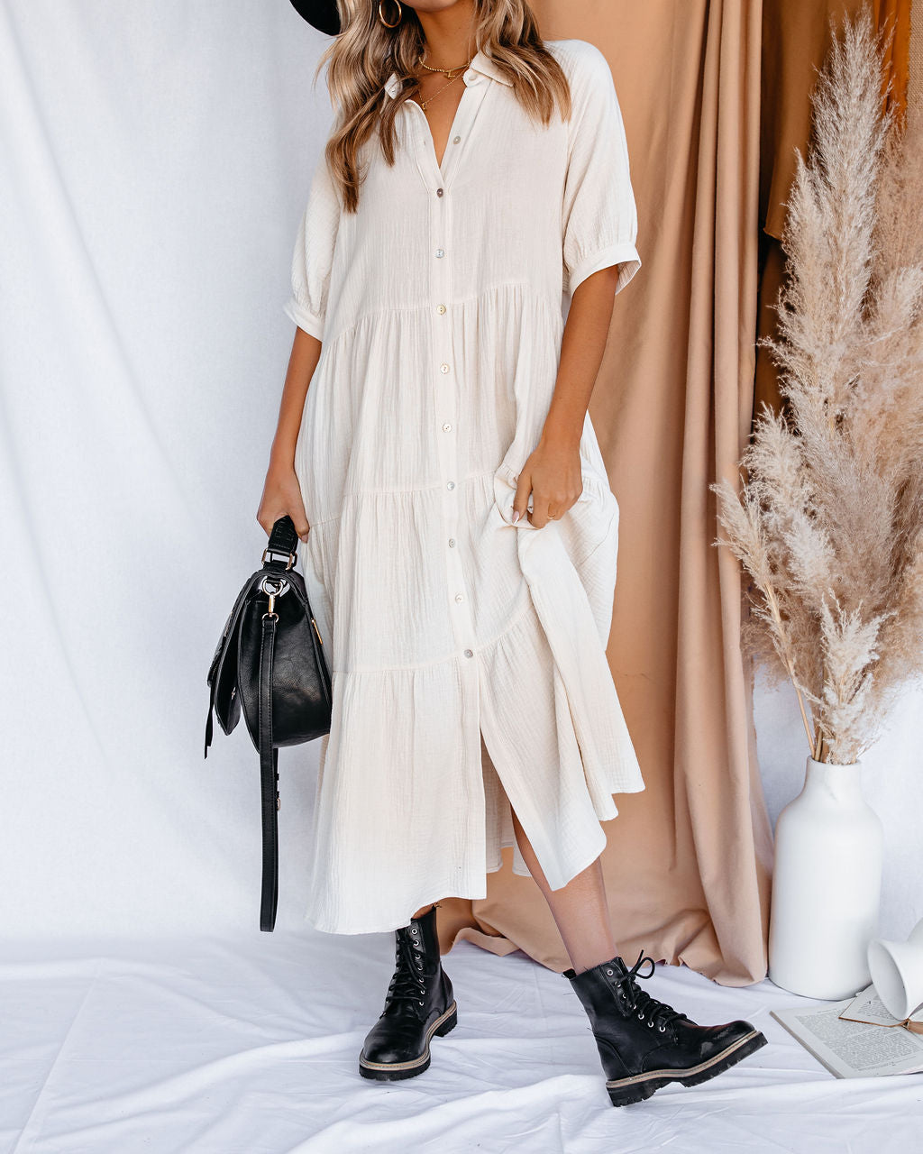 Binx Cotton Pocketed Button Down Midi Dress - Ivory