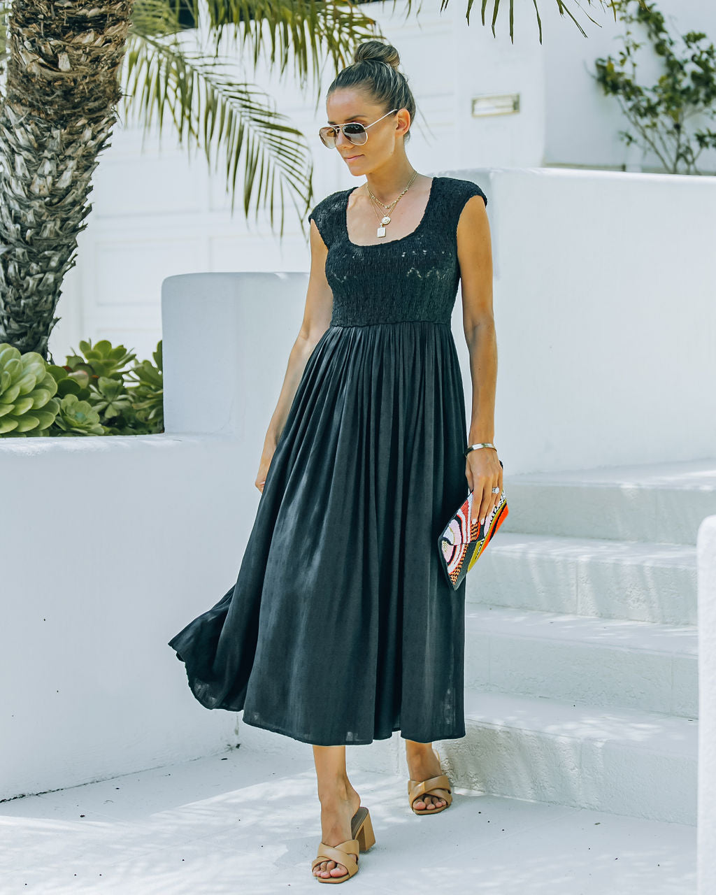 Naite Pocketed Smocked Midi Dress - Black