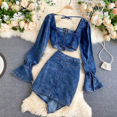 KittenAlarm - Trends high quality Spring Autumn Two Piece Set Women Sexy Jeans 2 Two Piece Set Long Sleeve Crop Tops And Bodycon Short Denim Skirt Suits for Woman