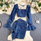 KittenAlarm - Trends high quality Spring Autumn Two Piece Set Women Sexy Jeans 2 Two Piece Set Long Sleeve Crop Tops And Bodycon Short Denim Skirt Suits for Woman