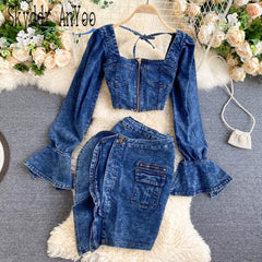KittenAlarm - Trends high quality Spring Autumn Two Piece Set Women Sexy Jeans 2 Two Piece Set Long Sleeve Crop Tops And Bodycon Short Denim Skirt Suits for Woman
