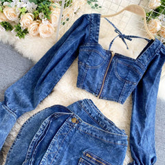KittenAlarm - Trends high quality Spring Autumn Two Piece Set Women Sexy Jeans 2 Two Piece Set Long Sleeve Crop Tops And Bodycon Short Denim Skirt Suits for Woman