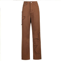 KittenAlarm - Womens Fashion Trends Pockets Patchwork Baggy Jeans Fashion Streetwear 100% Cotton Women Denim Trouser Loose Cargo Pants Korean Jeans Harajuku