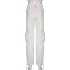 KittenAlarm - Women Spring Fashion Multi Pockets White Cargo Pants Women Adjustable Low Waist Baggy Wide Leg Jeans Oversized Casual Trousers Retro Bottoms Iamhotty
