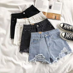 KittenAlarm - Casual High Waist Denim Shorts Women Summer Pocket Tassel Hole Ripped jeans Short Female Femme Short Pants Women
