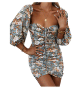 Precious Poppies Ruched Bell Sleeve Mini Dress