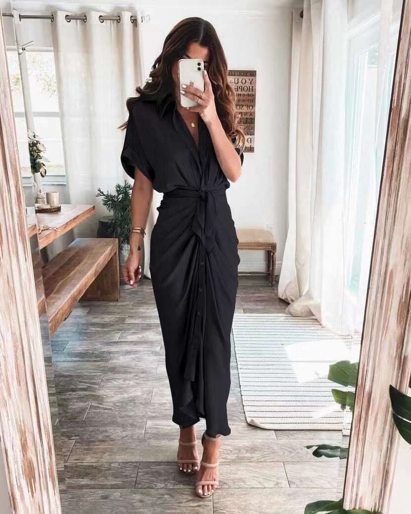 Meryl Satin Tie Front Midi Dress - Black