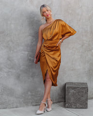 Persimmon One Shoulder Satin Drape Dress - Marigold
