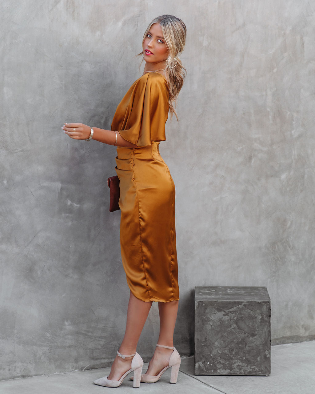 Persimmon One Shoulder Satin Drape Dress - Marigold