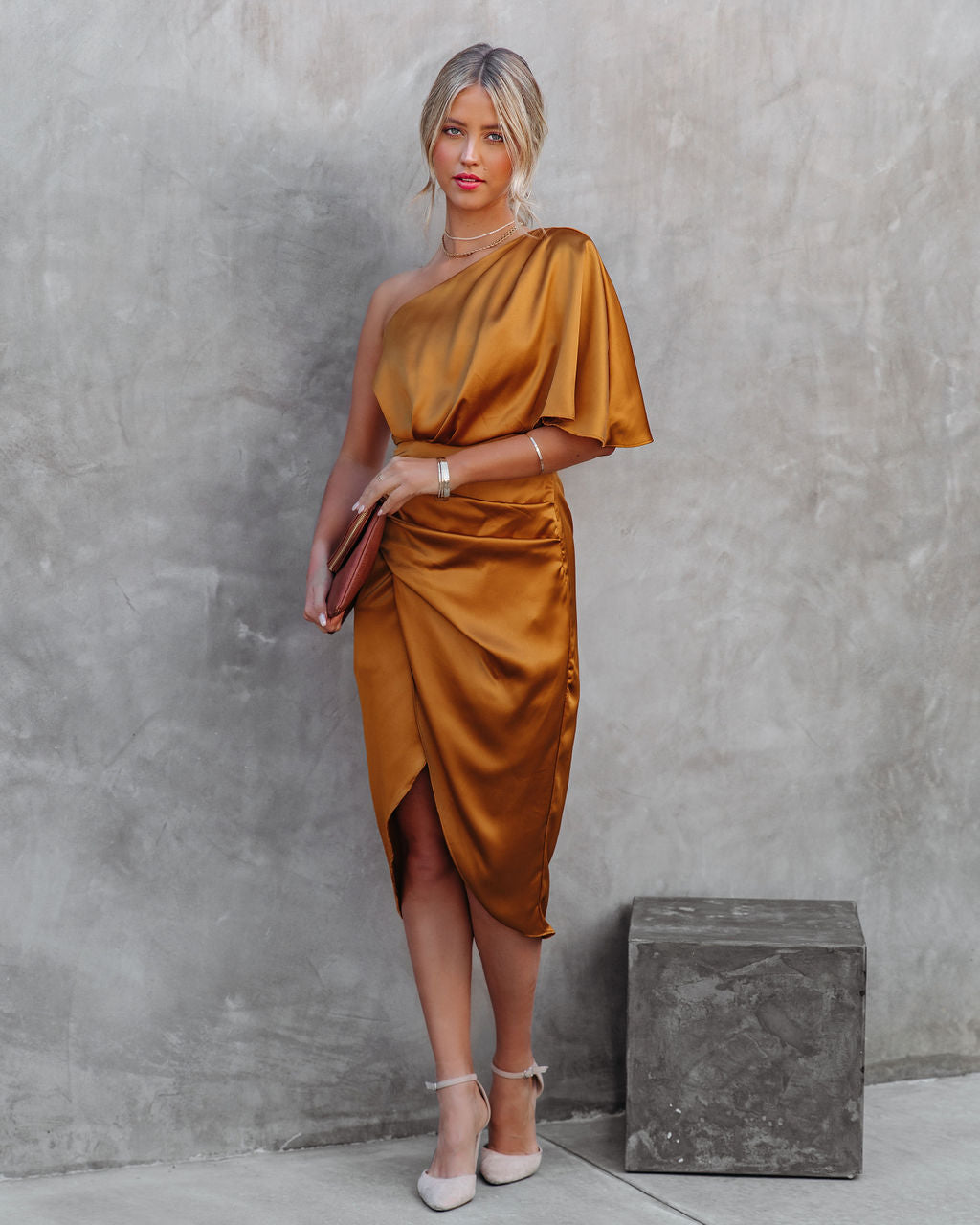 Persimmon One Shoulder Satin Drape Dress - Marigold