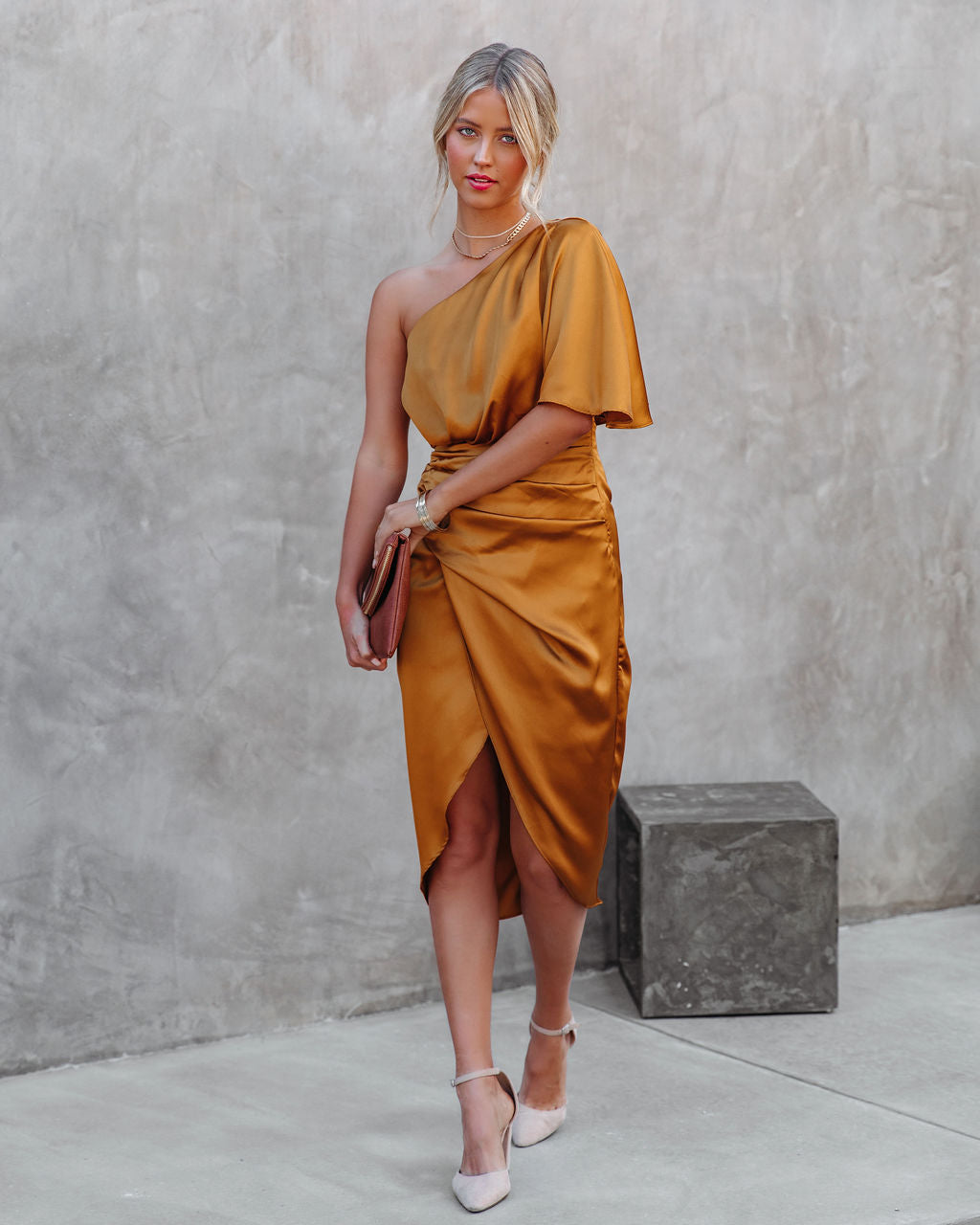 Persimmon One Shoulder Satin Drape Dress - Marigold