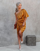 Persimmon One Shoulder Satin Drape Dress - Marigold