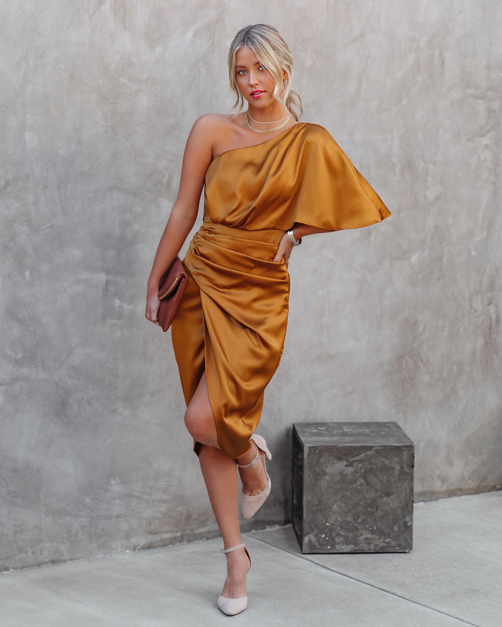 Persimmon One Shoulder Satin Drape Dress - Marigold