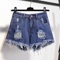 KittenAlarm - Casual High Waist Denim Shorts Women Summer Pocket Tassel Hole Ripped jeans Short Female Femme Short Pants Women
