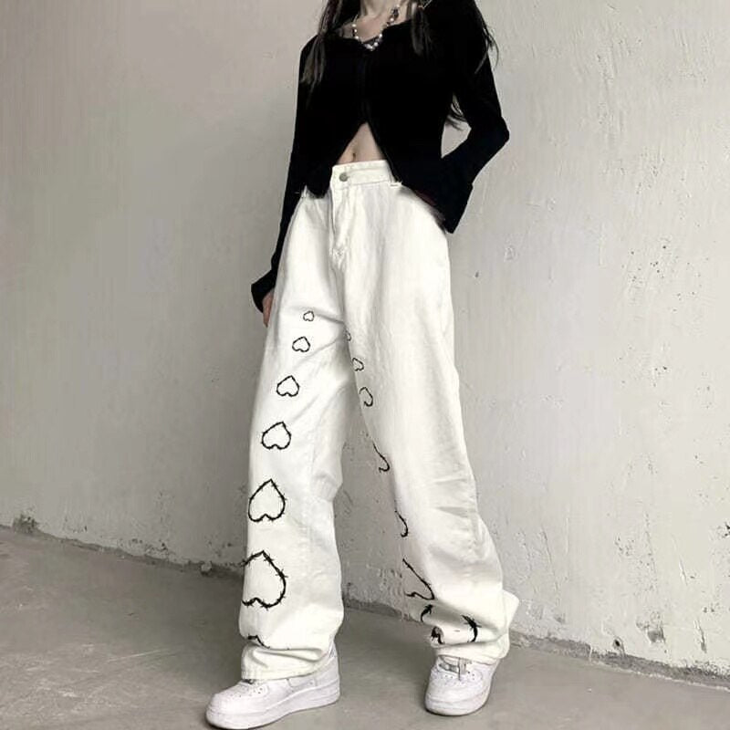 KittenAlarm - Mojoyce High Street Hot Girl Vintage Heart Print High Waist Straight Goth Baggy Jeans Woman Y2K Clothes Wide Leg Denim Pants
