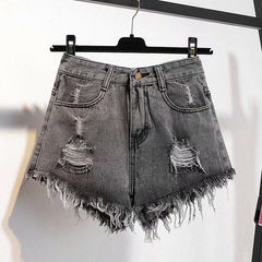 KittenAlarm - Casual High Waist Denim Shorts Women Summer Pocket Tassel Hole Ripped jeans Short Female Femme Short Pants Women