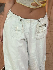 KittenAlarm - Women Spring Fashion Multi Pockets White Cargo Pants Women Adjustable Low Waist Baggy Wide Leg Jeans Oversized Casual Trousers Retro Bottoms Iamhotty