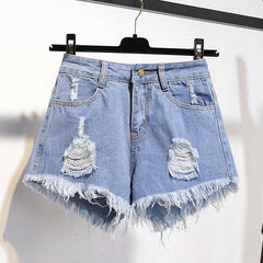 KittenAlarm - Casual High Waist Denim Shorts Women Summer Pocket Tassel Hole Ripped jeans Short Female Femme Short Pants Women