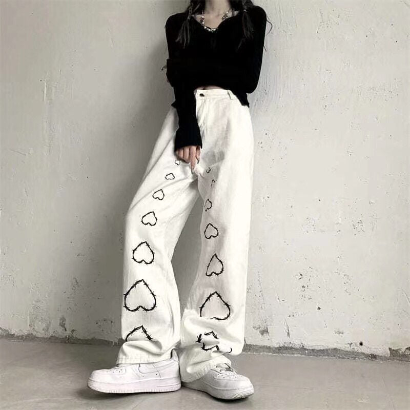 KittenAlarm - Mojoyce High Street Hot Girl Vintage Heart Print High Waist Straight Goth Baggy Jeans Woman Y2K Clothes Wide Leg Denim Pants