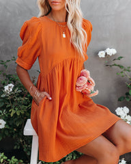 Amber Cotton Pocketed Puff Sleeve Dress - Orange