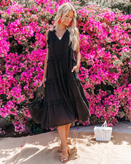Ballard Cotton Blend Pocketed Tiered Midi Dress - Black