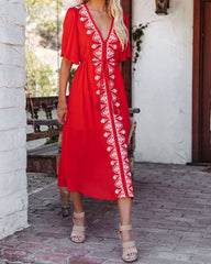 Presidio Embroidered Tassel Midi Dress - Tomato Red