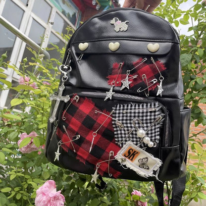 Large Capacity Gothic Star Patch Y2K Vintage Harajuku PU Leather Bag