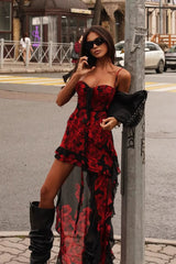 Rose Print Strapless Party Dress