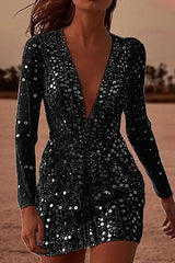 Sexy Deep V Neck Sequin Mini Dress