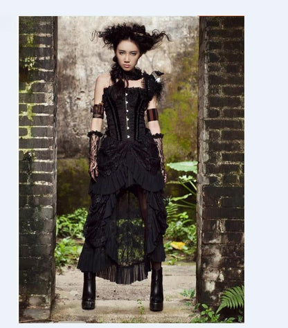 New Gown Up Lace Ruffle Women SteamGothic Long Victorian Retro Goth Skirt