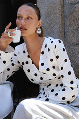 Polka Dot V Neck Fitted Blouse