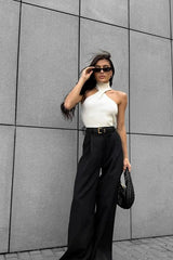 Wide Leg Buttoned Pleated Work Pant